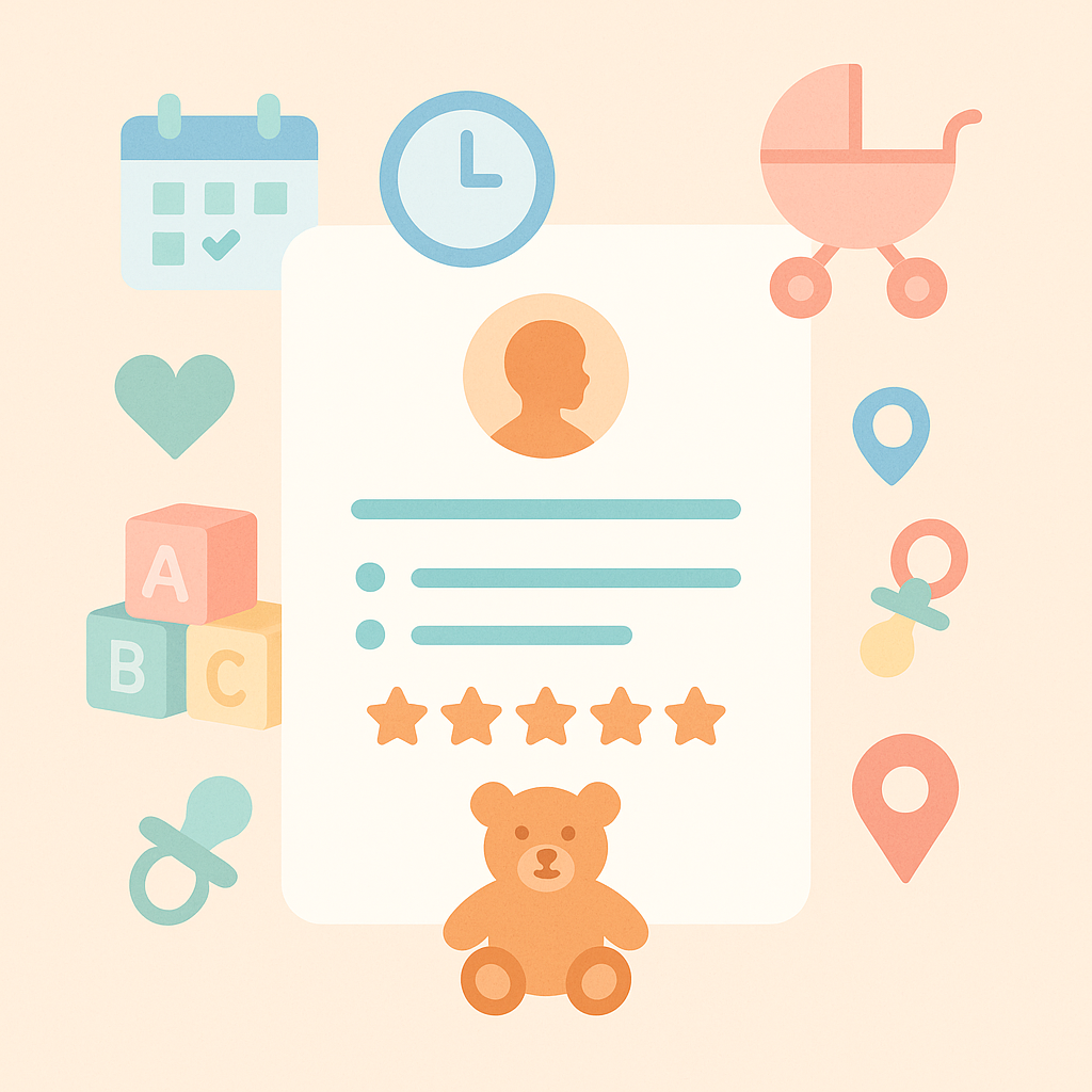 Illustration of a babysitting resume with childcare icons like stroller, pacifier, blocks, clock and rating stars