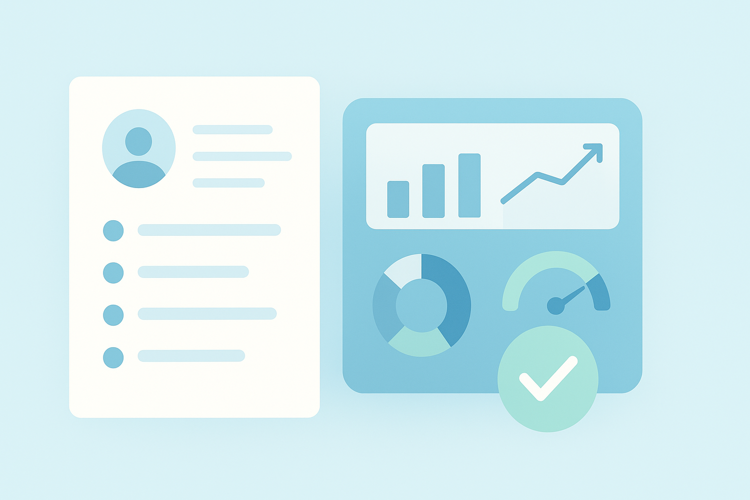 Text-free hero image showing a resume layout beside an analytics dashboard with charts and a check mark