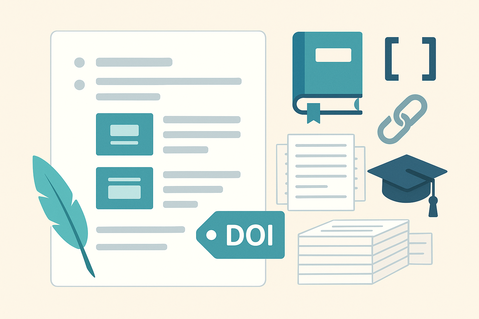 Illustration of a resume section with publication icons—books, paper stack, citation brackets, link, and a DOI tag