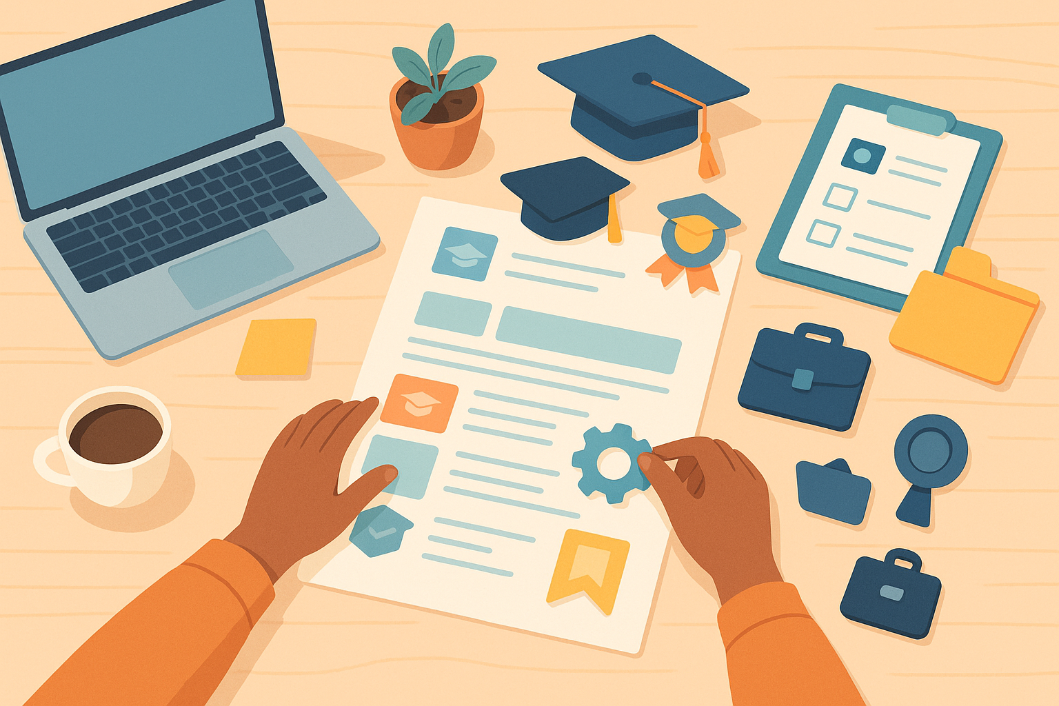 Top-down illustration of hands assembling a first-job resume on a tidy desk with a laptop, coffee, and icons for skills, education, and experience.